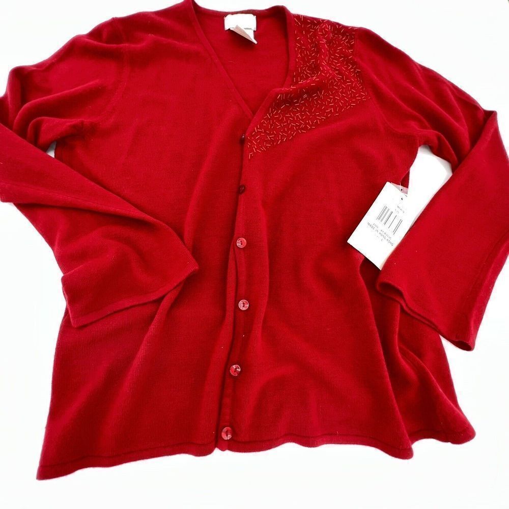 Vintage Designers Originals Red Sweater Sz Lg NWT Bugle Beads On Shoulder